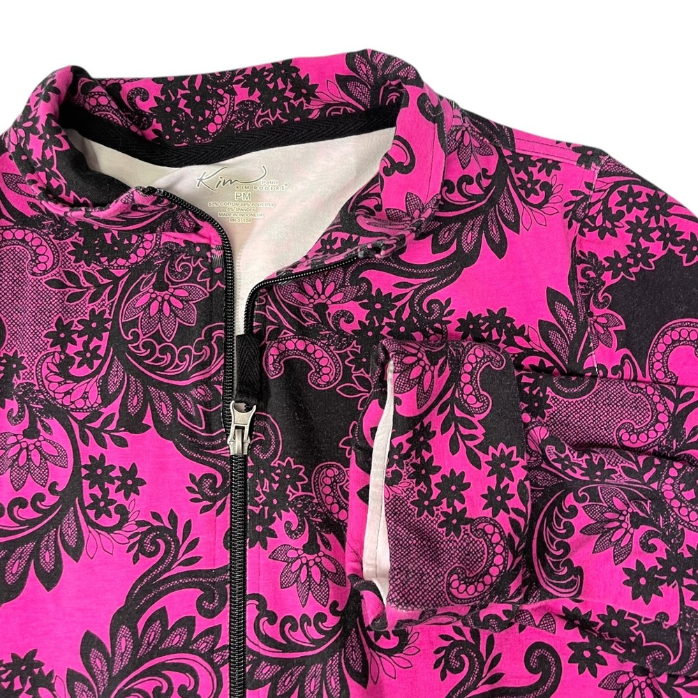 Kim‎ Rogers PM Pink Black Paisley Zip Up Jacket Mock Neck Floral Maximalist